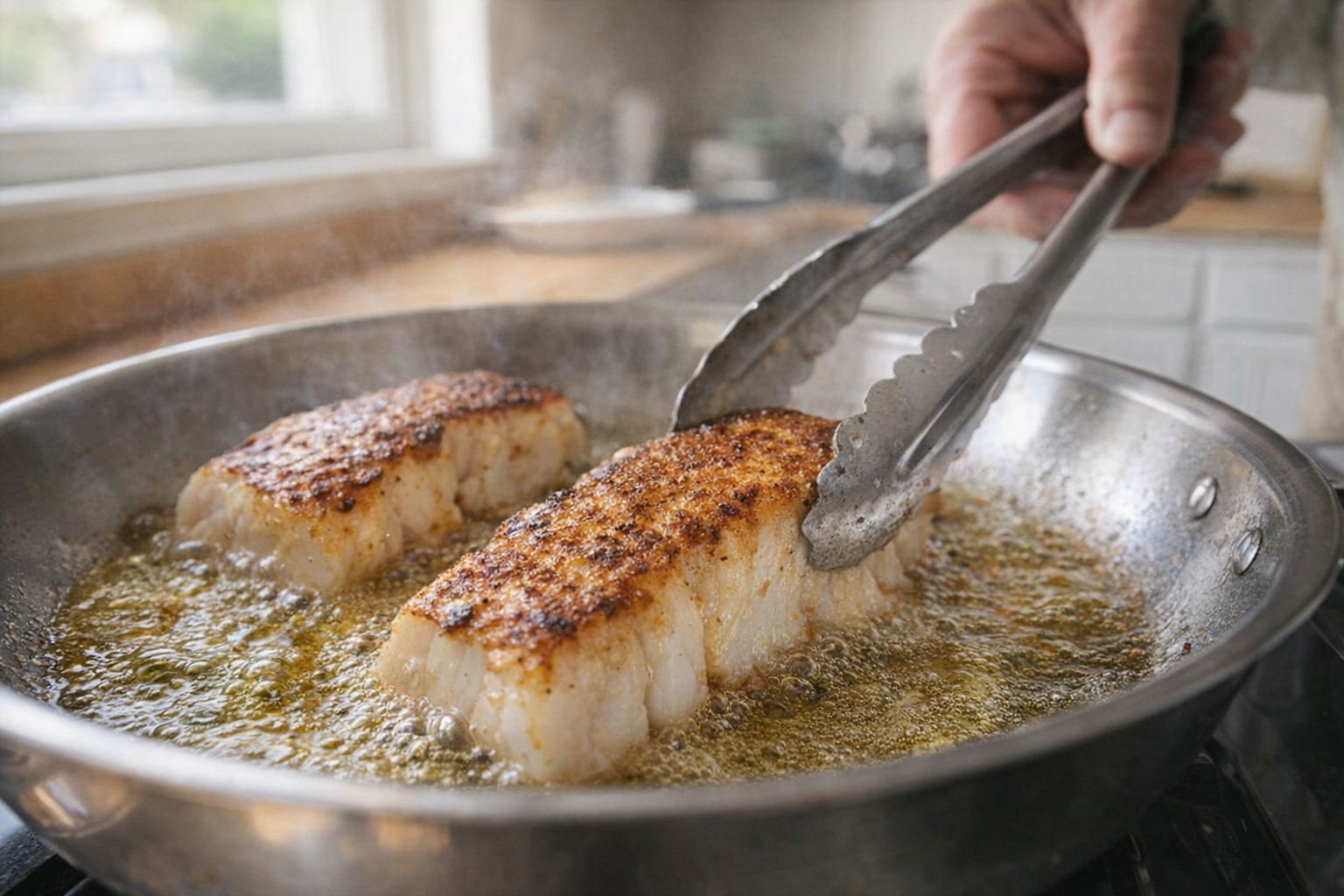 Pan-frying cod fillets in a stainless steel skillet, olive oil sizzling, golden brown crust forming, close-up action shot, bright kitchen lighting